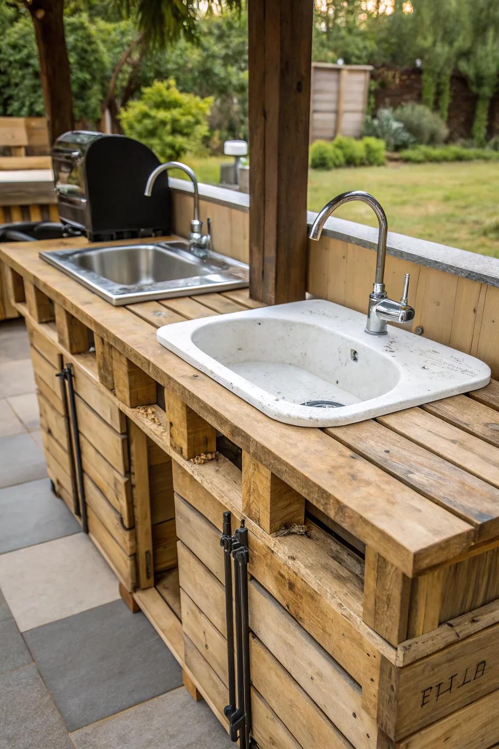Elevate your outdoor BBQ space with this handcrafted double pallet sink—where rustic charm meets modern convenience.