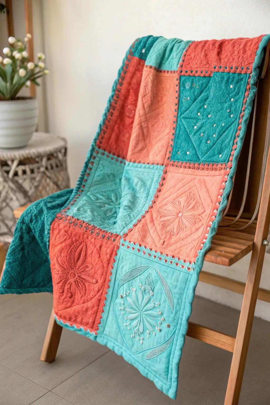 Embrace the art of color with this vibrant quilt masterpiece, where turquoise meets coral in a dance of craftsmanship and simplicity.