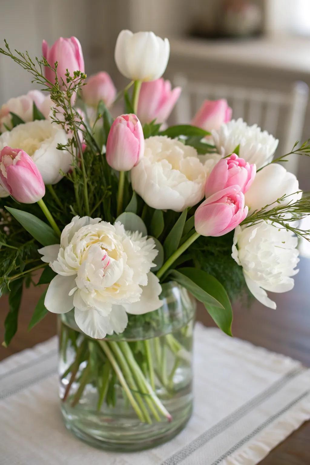 An elegant floral arrangement with peonies and tulips.
