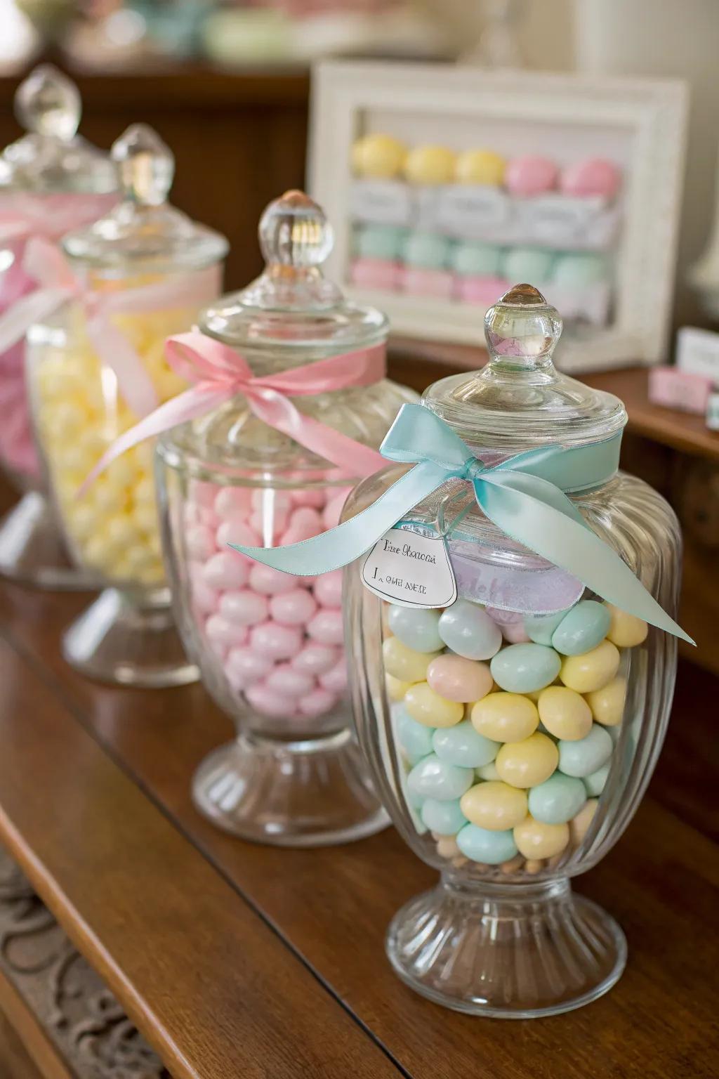 Sweet jars filled with colorful treats, an inviting party favor for baptisms.