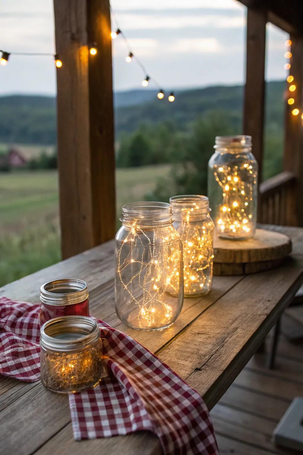 String lights in jars add a cozy touch to any table.