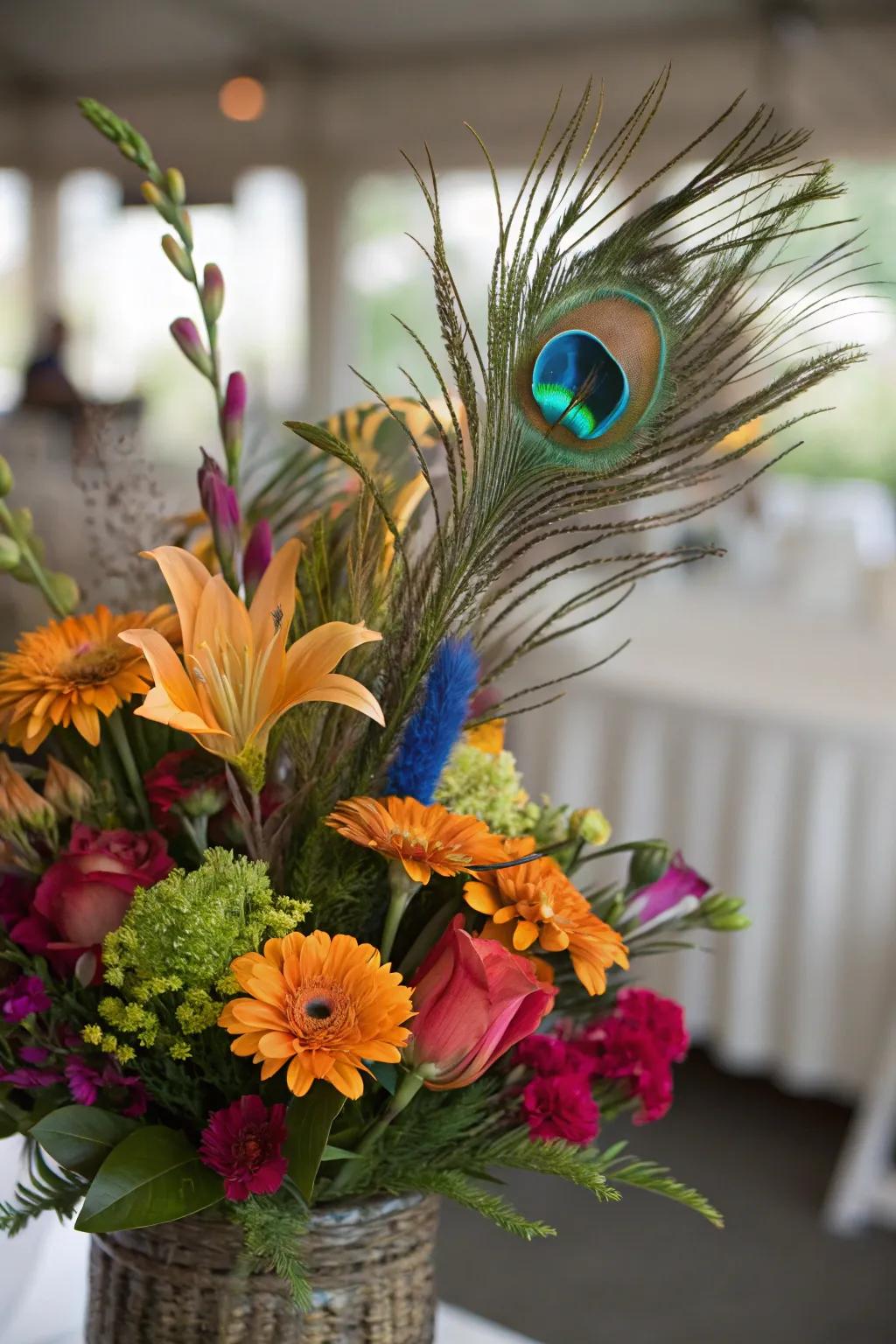 Floral arrangements bursting with peacock colors and adorned with feathers.