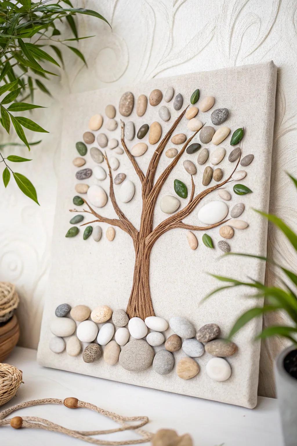 Embrace the beauty of family with this minimalist Tree of Life pebble art, where each stone tells a story of growth and unity.