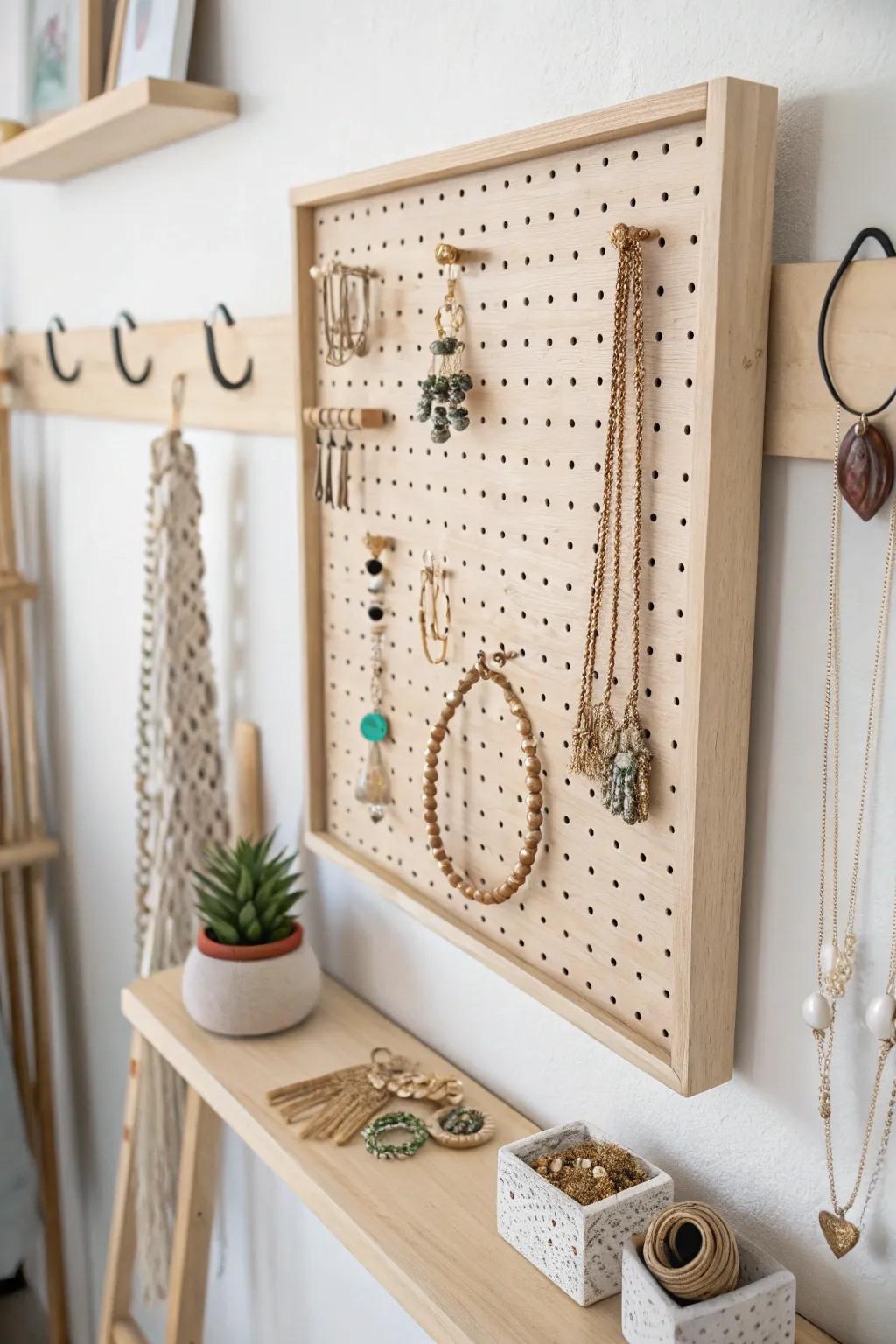 Transform your jewelry into a stunning wall feature with a minimalist pegboard display.