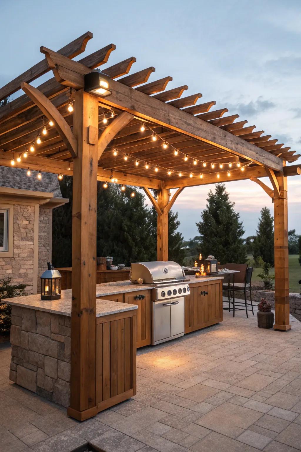 Elevate your grilling experience with a pergola that brings both style and warmth to your outdoor space.