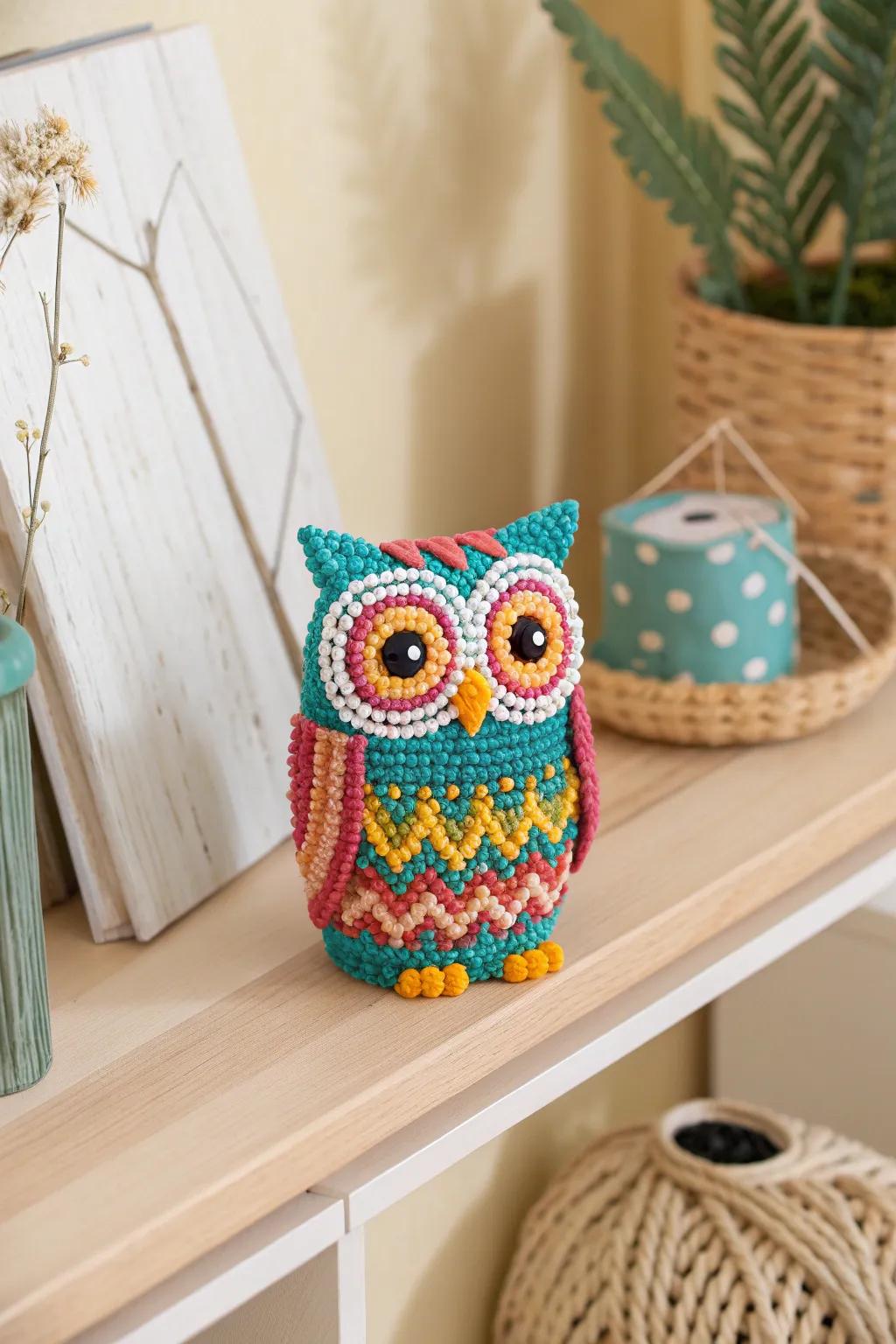 Meet your new bookshelf guardian: a vibrant pocket owl crafted with love.