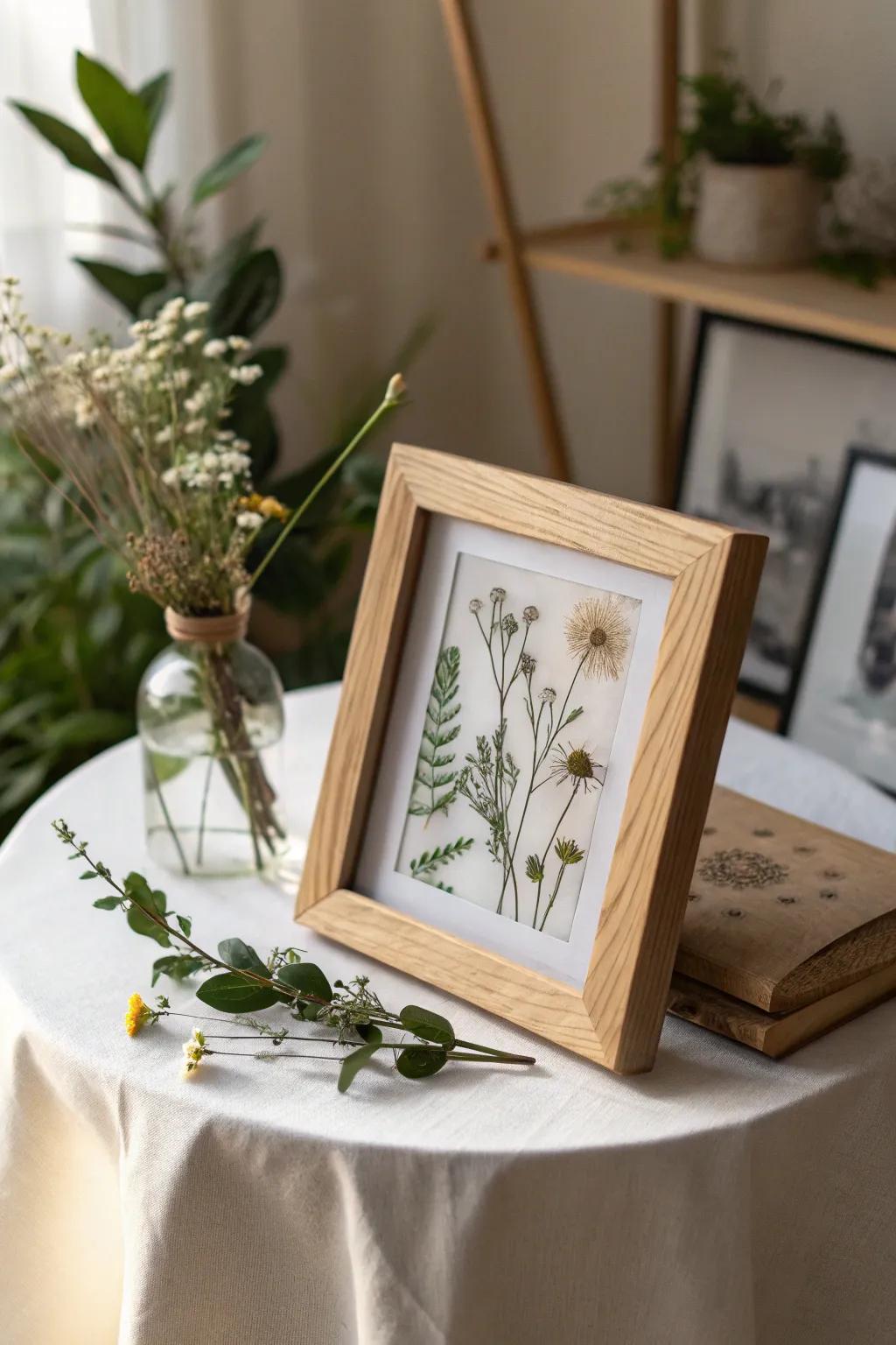 Capture memories in nature's embrace with a floral photo frame centerpiece.
