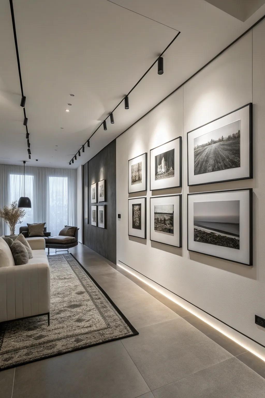 Monochrome frames emphasize the art and create a sleek, modern vibe.