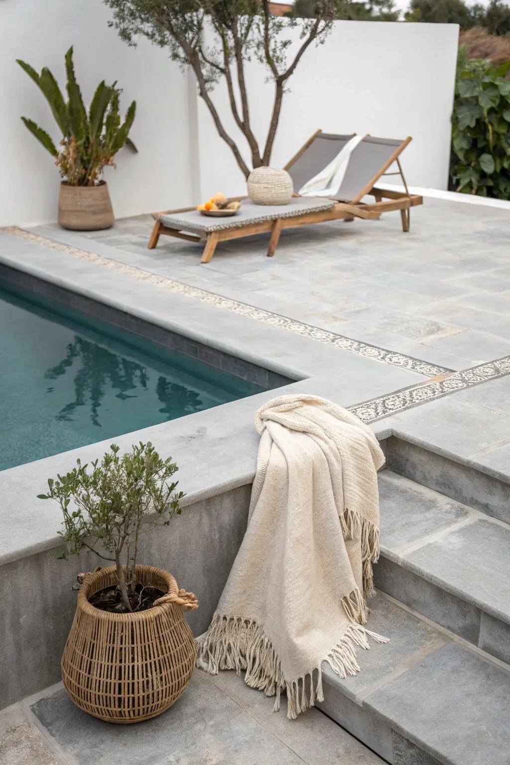 Embrace the elegance of monochrome with sleek gray pool coping for a minimalist and chic outdoor retreat.