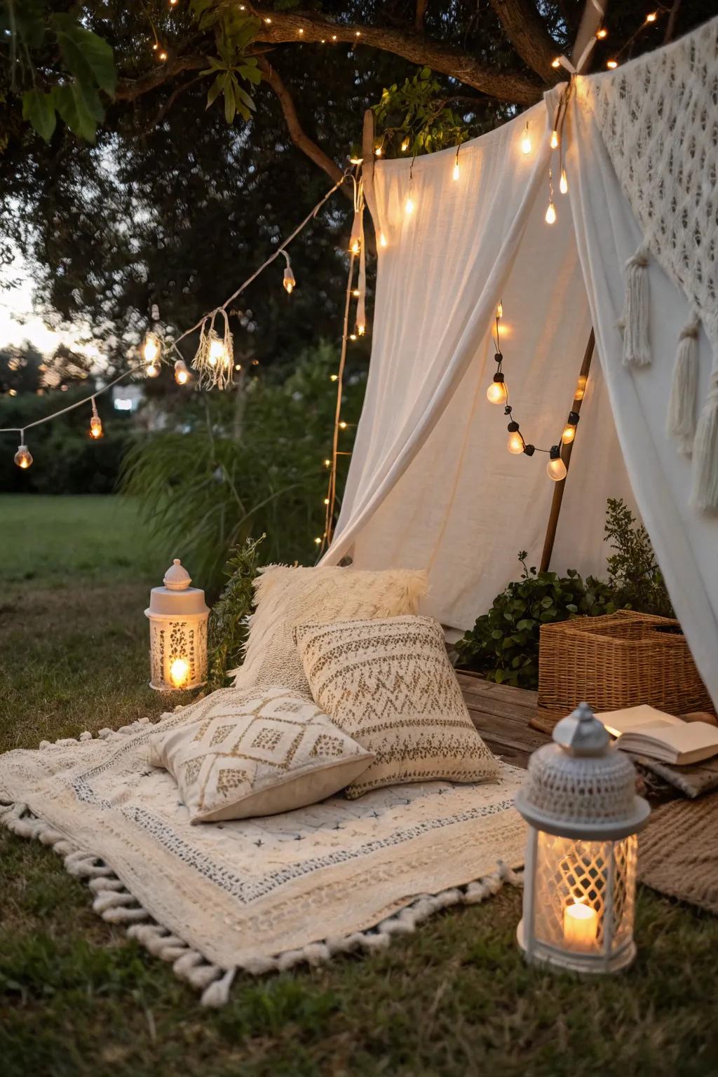 Transform your backyard into a serene glamping retreat with this enchanting pillow fort setup.