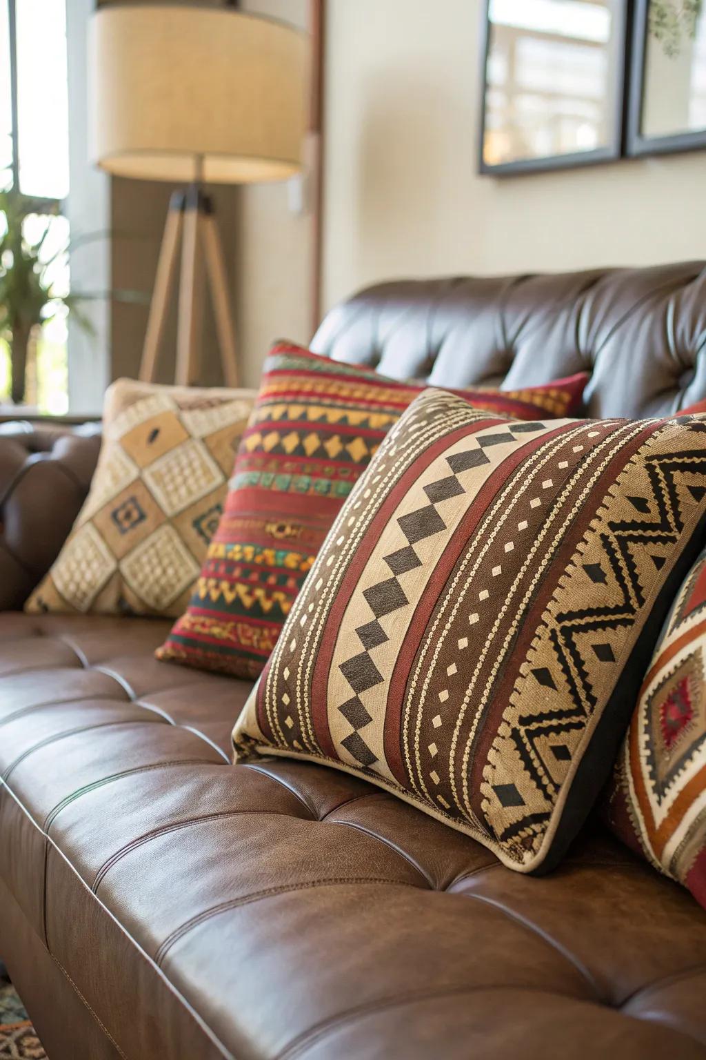 Patterned pillows bring life and character to a leather couch.