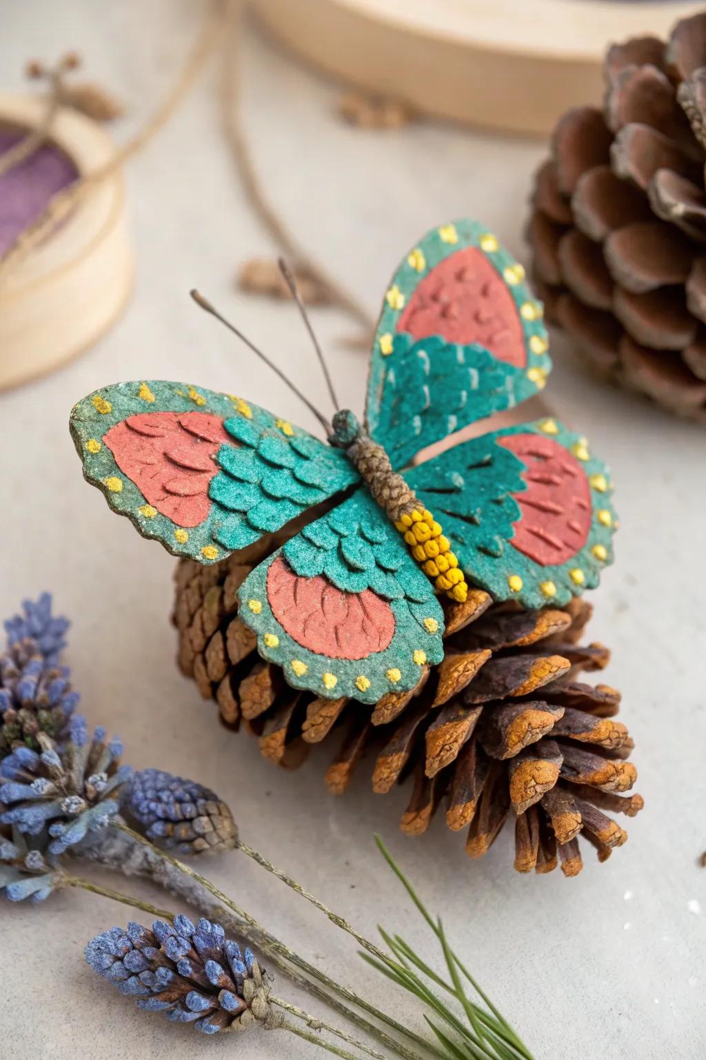 Transform nature into art with colorful pinecone butterflies. A touch of glitter and vibrant hues bring these crafts to life, adding a whimsical charm to any space.