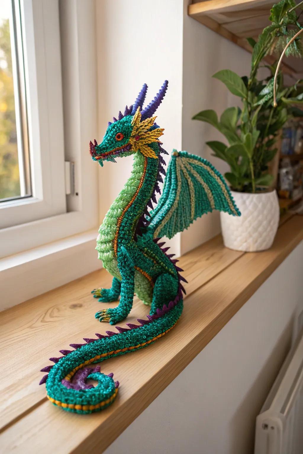 Bring your fantasies to life with this enchanting pipe cleaner dragon, a perfect blend of vibrant creativity and minimalist design.
