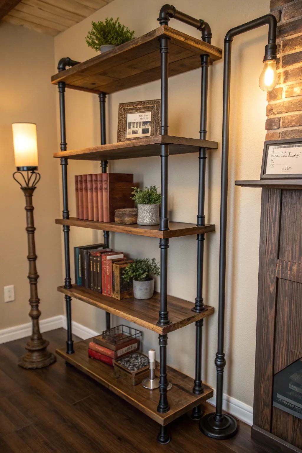 Transform your corners into a stylish book nook with bespoke pipe shelving that exudes craftsmanship and character.