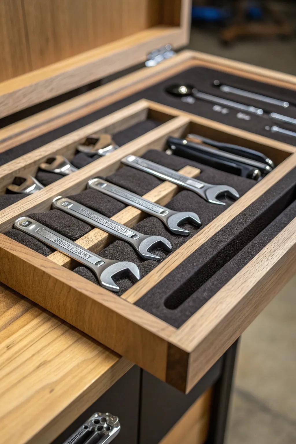 Transform chaos into order with handcrafted drawer inserts for your wrenches.