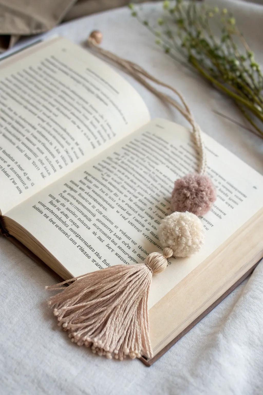 Elevate your reading experience with a touch of handmade charm. #PomPomBookmark #ScandiBohoStyle