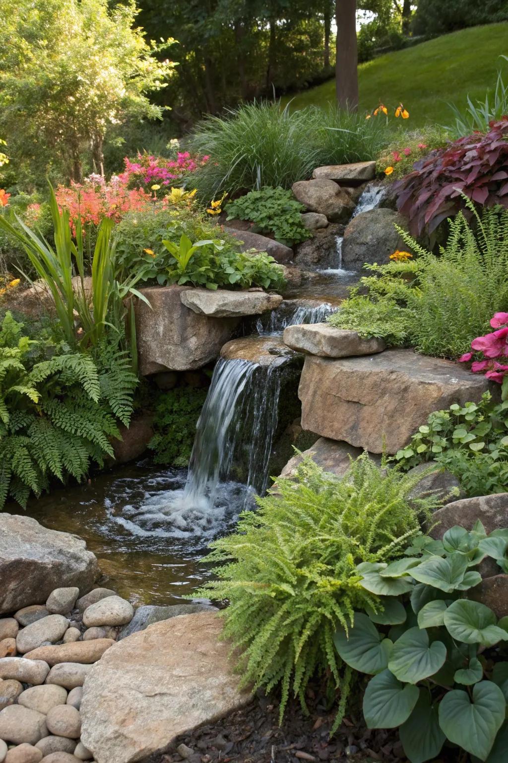 Discover tranquility with this expertly crafted pondless waterfall, a lush green oasis in your own backyard.