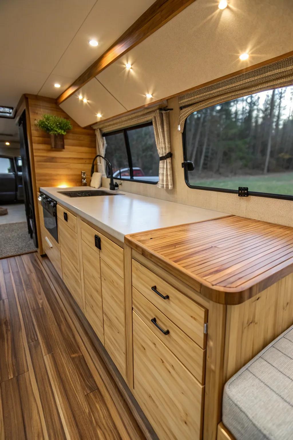 Transform your camper with chic, sustainable materials for an eco-friendly adventure.