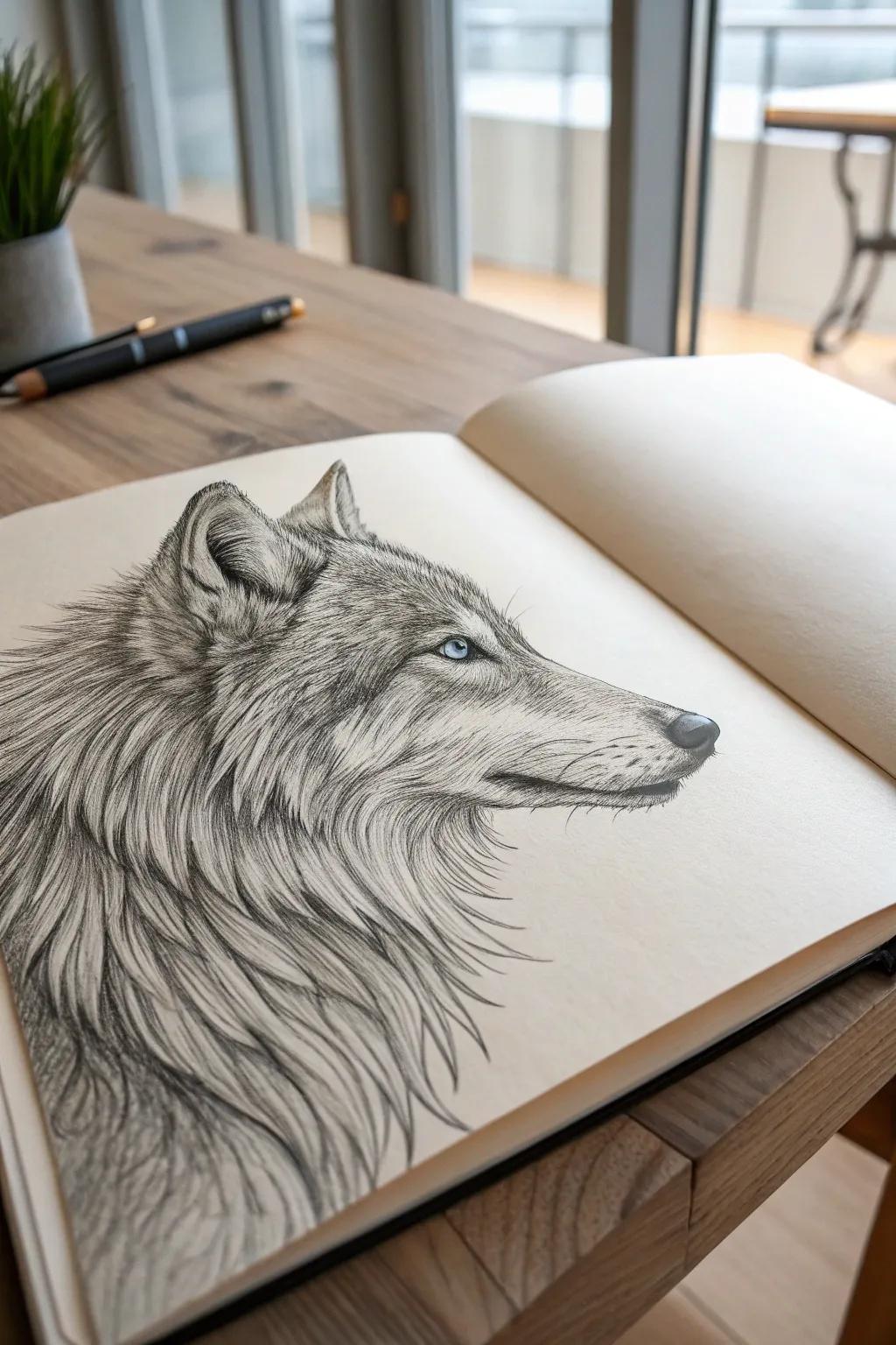 Transform your sketches with the lifelike texture of wolf fur. Discover the beauty in details. #ArtistryInTextures #ScandinavianSimplicity
