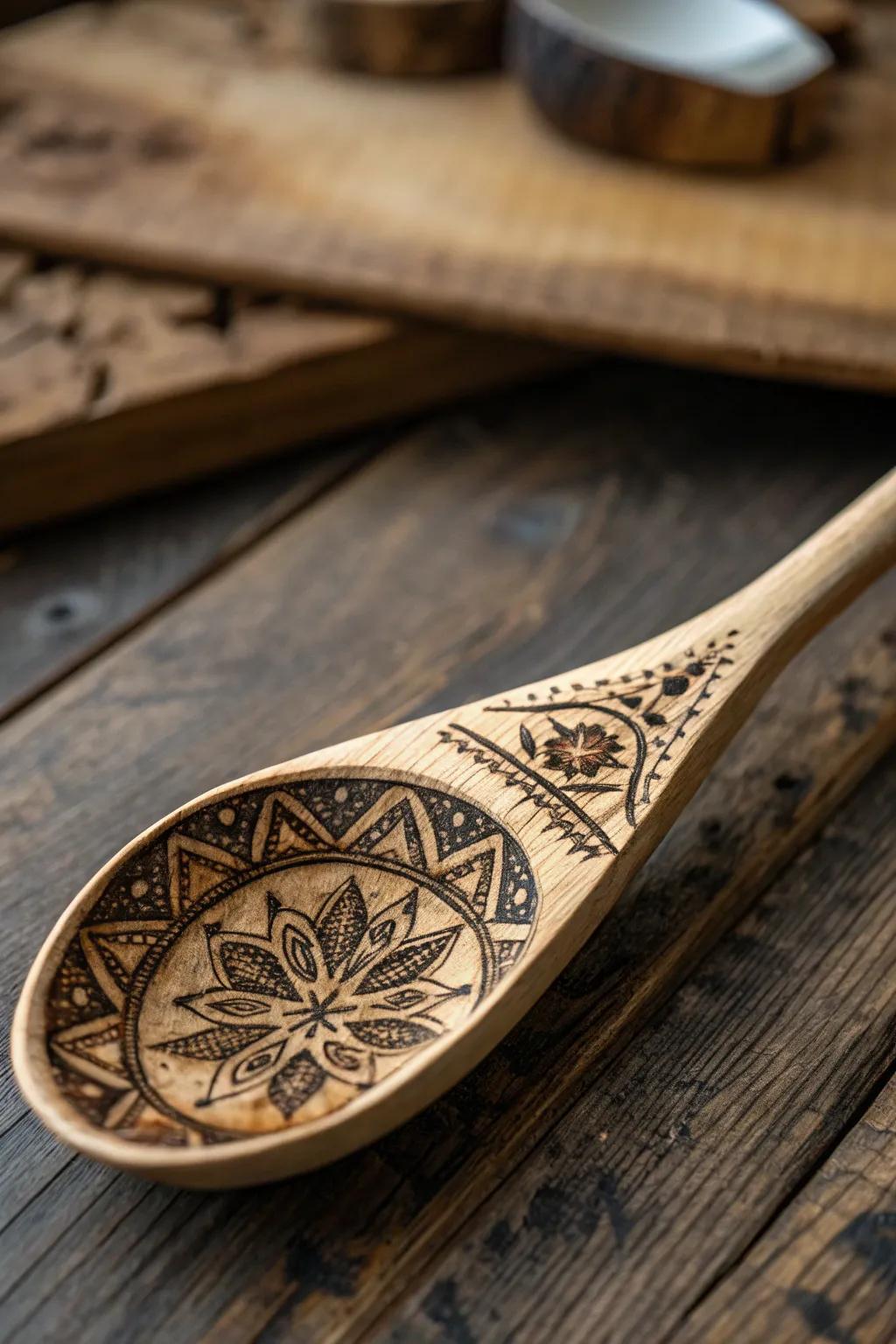 Transform your kitchen tools into art with intricate pyrography on wooden spoons.