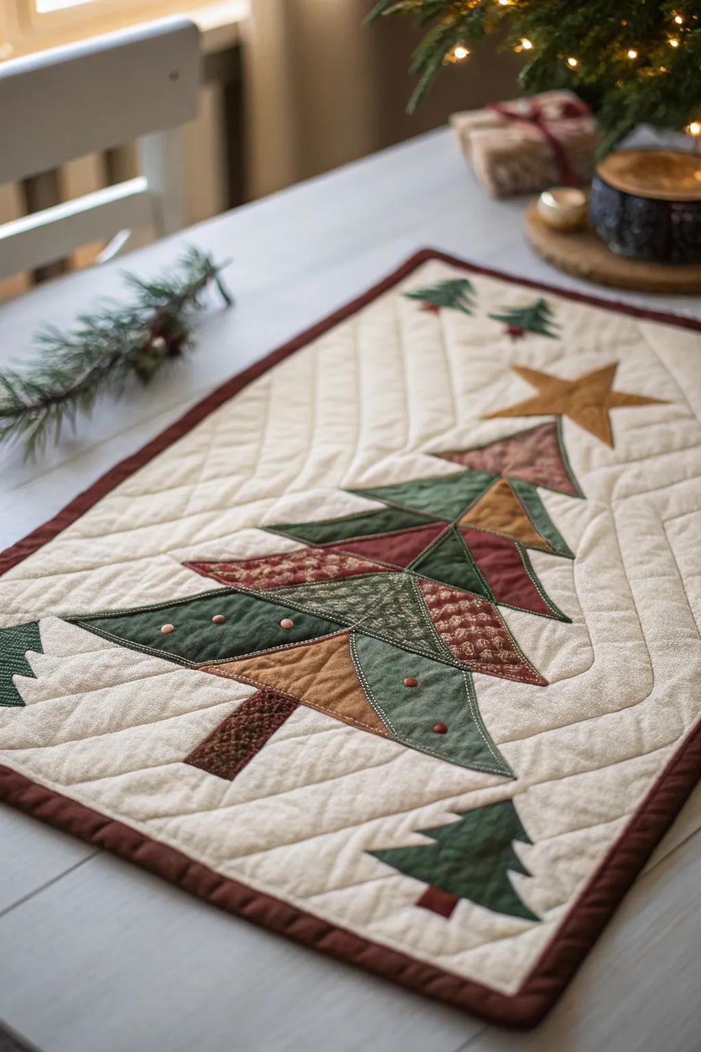 Bring woodland charm to your holiday table with rustic quilted Christmas trees.