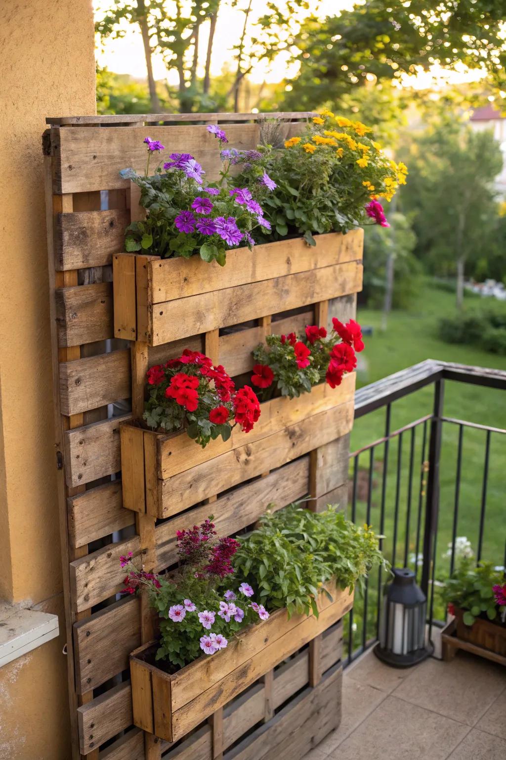 Elevate your garden game with a stunning vertical flower wall crafted from reclaimed pallets.