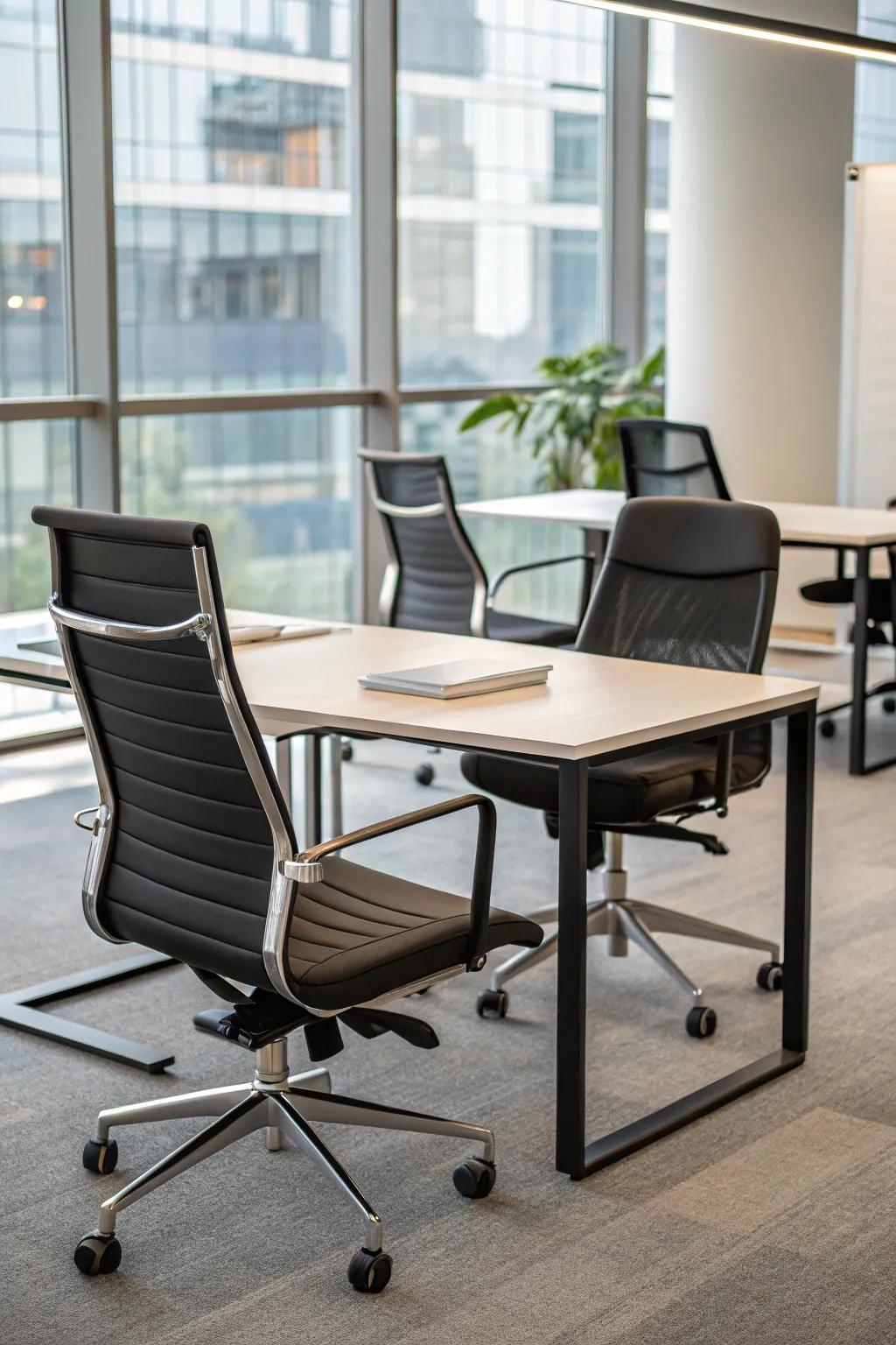 A contemporary office setting with sleek, ergonomic furniture.