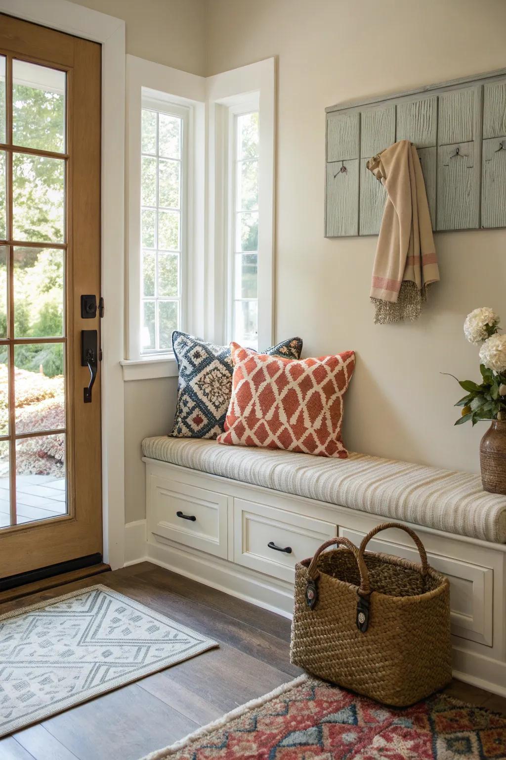 A cozy bench in the entryway offers a welcoming spot to pause.