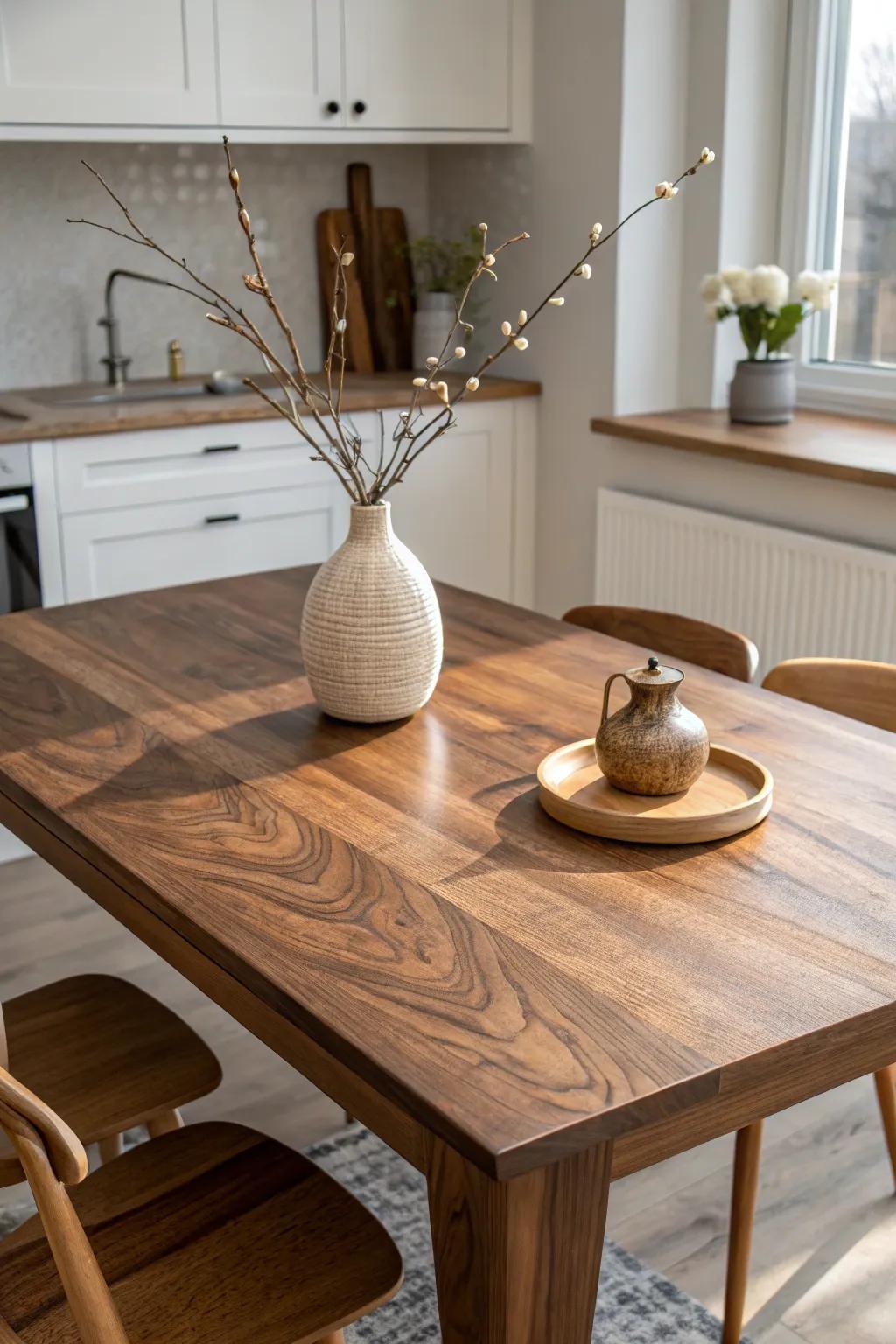 Transform your kitchen space with the timeless elegance of a walnut-stained table, where simplicity meets natural beauty.