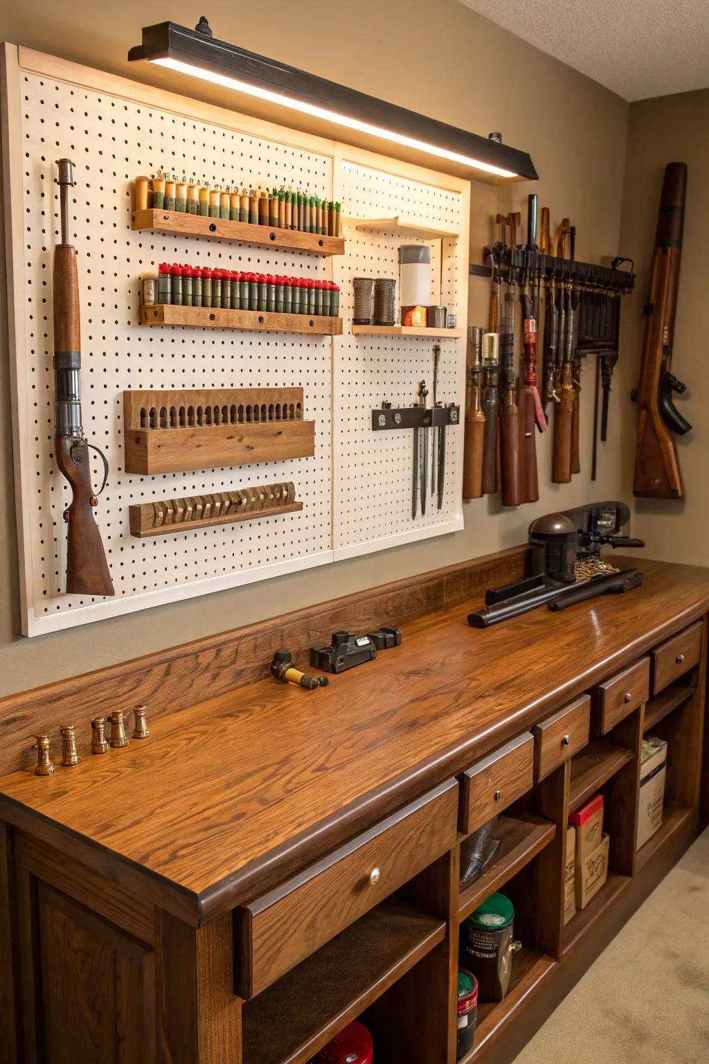 Efficiency and style meet with a wall-mounted pegboard for your reloading bench.