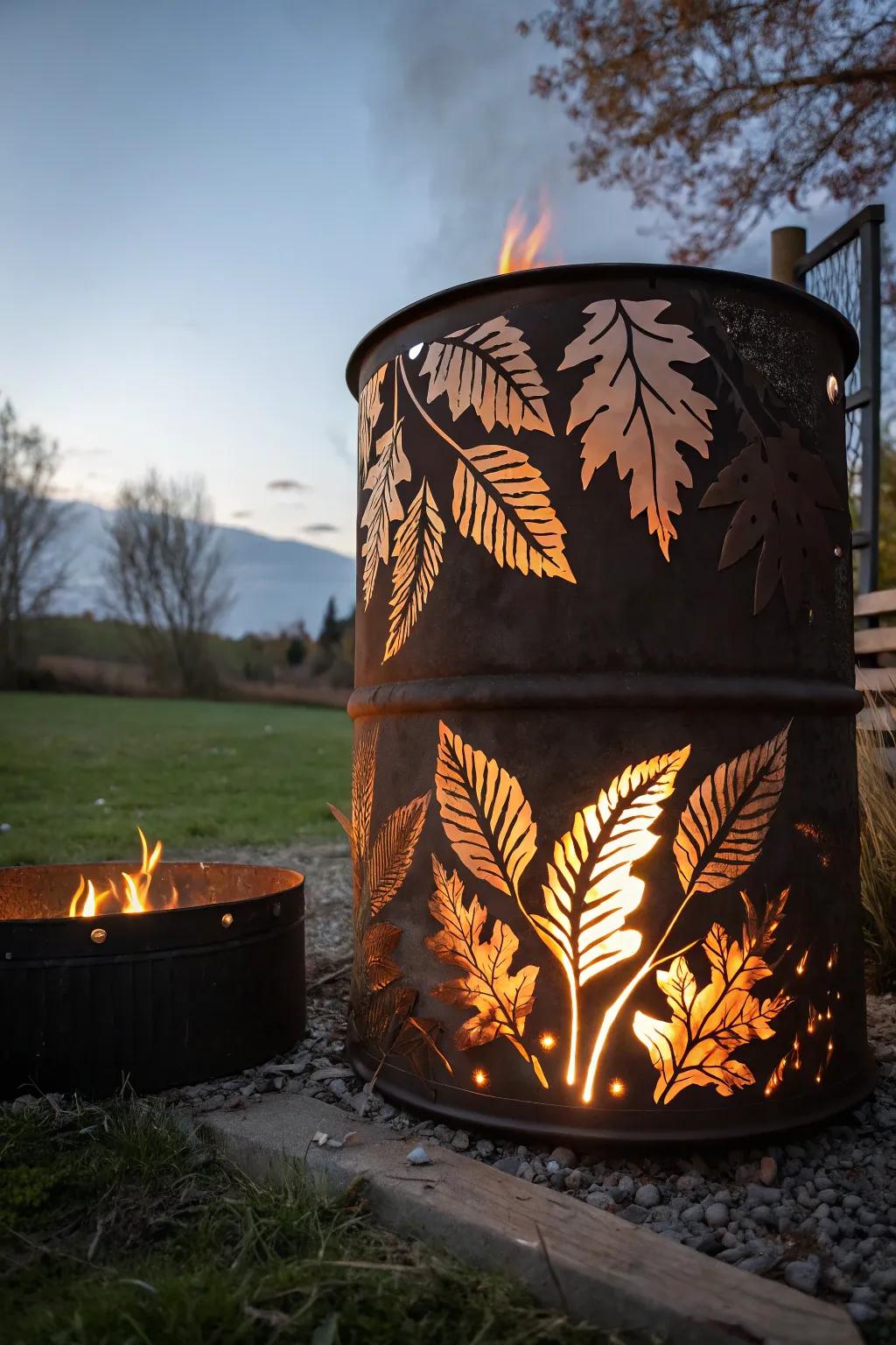 Illuminate your space with a handcrafted fire pit featuring exquisite leaf cut-outs, turning metalwork into art.