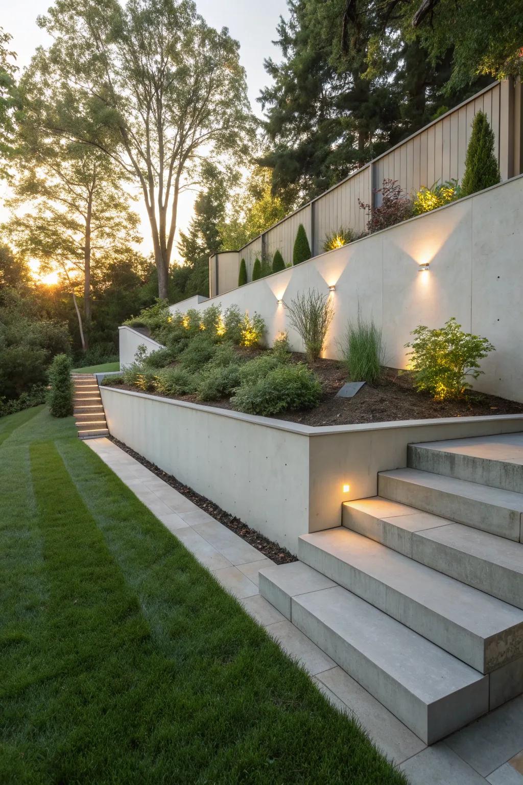 Embrace modern elegance with sleek, minimalistic concrete steps that seamlessly blend style and nature.