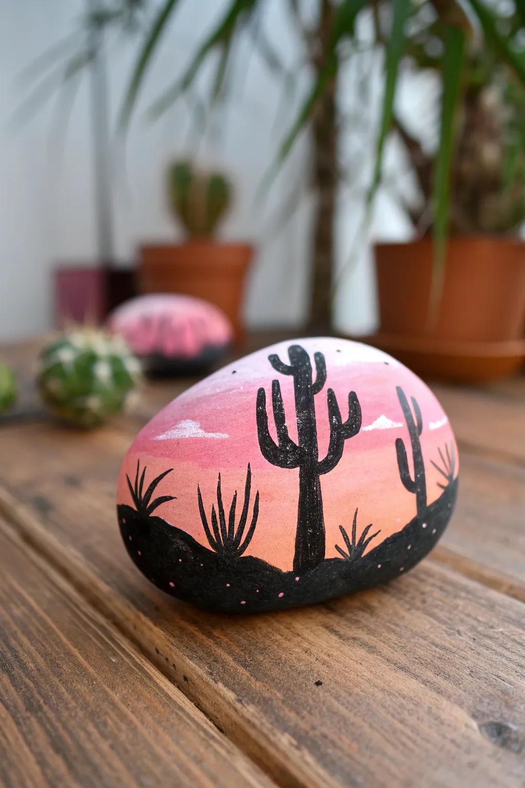 Embrace the serene beauty of a desert sunset with this hand-painted rock masterpiece.