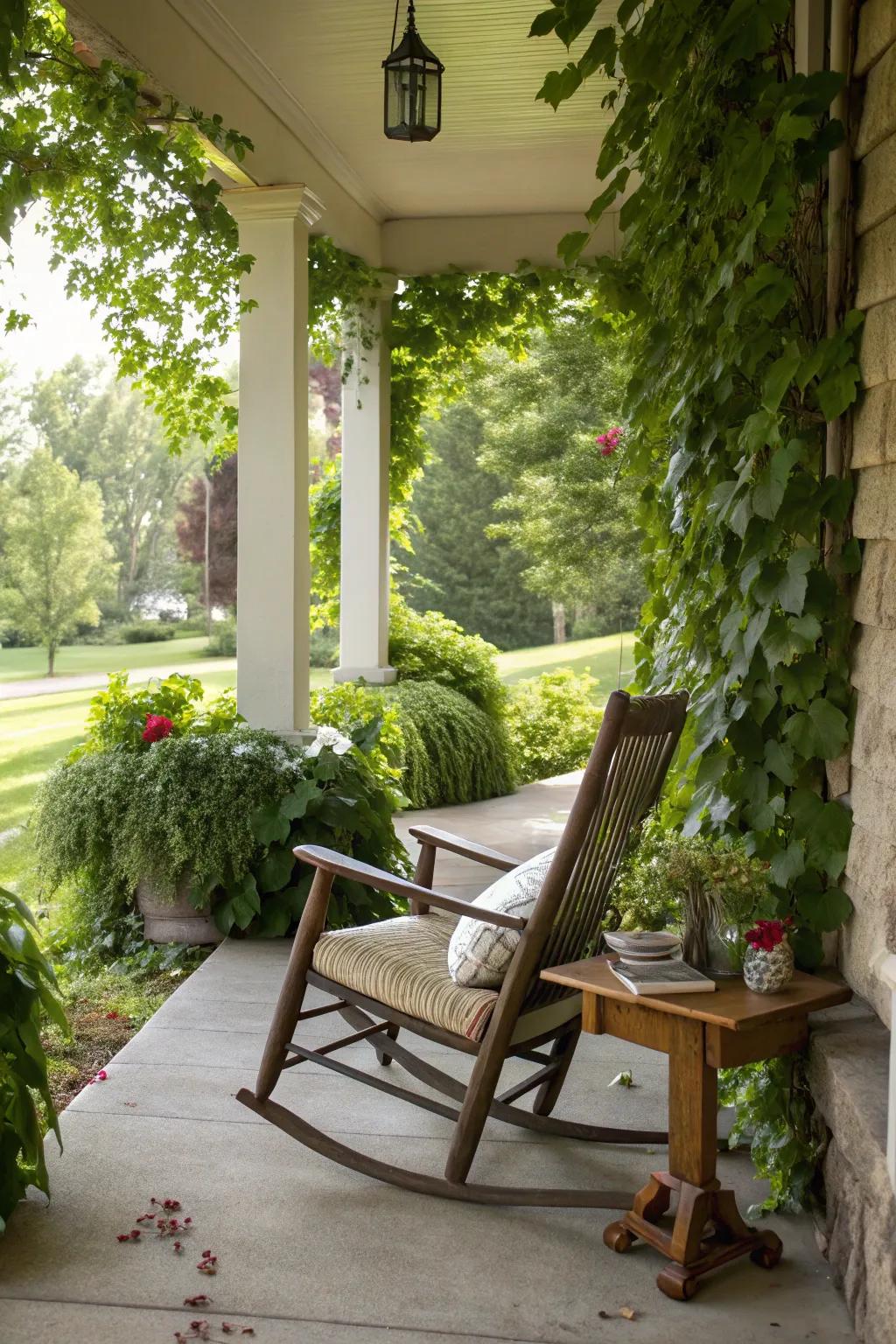 A welcoming outdoor oasis with a rocking chair on the porch.