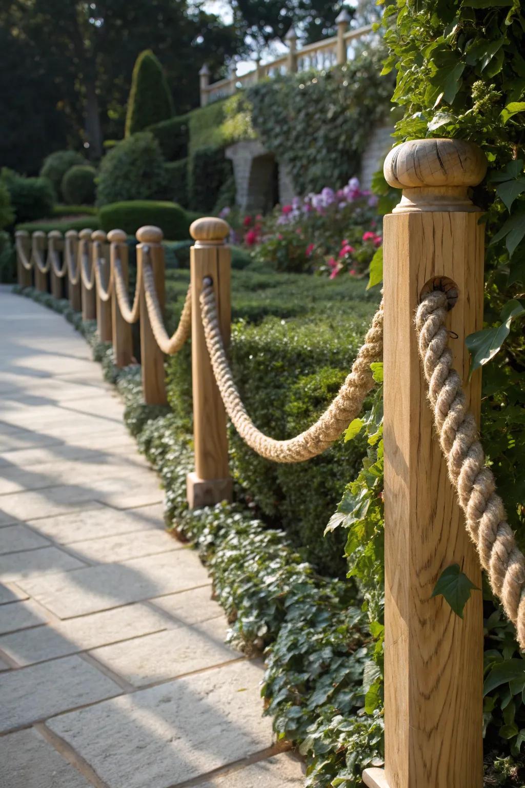 Embrace the art of nature with this elegant rope railing guiding your garden journey.