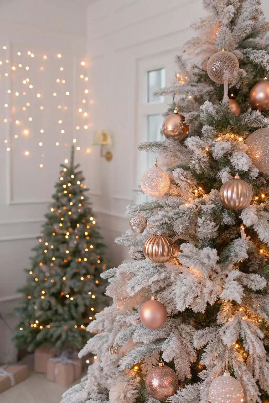A frosted Christmas tree adorned with rose gold decorations for a magical look.