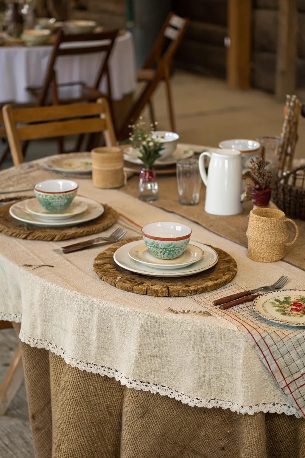 Embrace rustic charm with burlap or lace for a cozy dining setup.