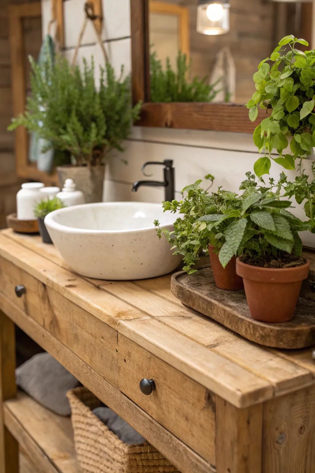 A rustic bathroom vanity adorned with small potted plants and greenery.