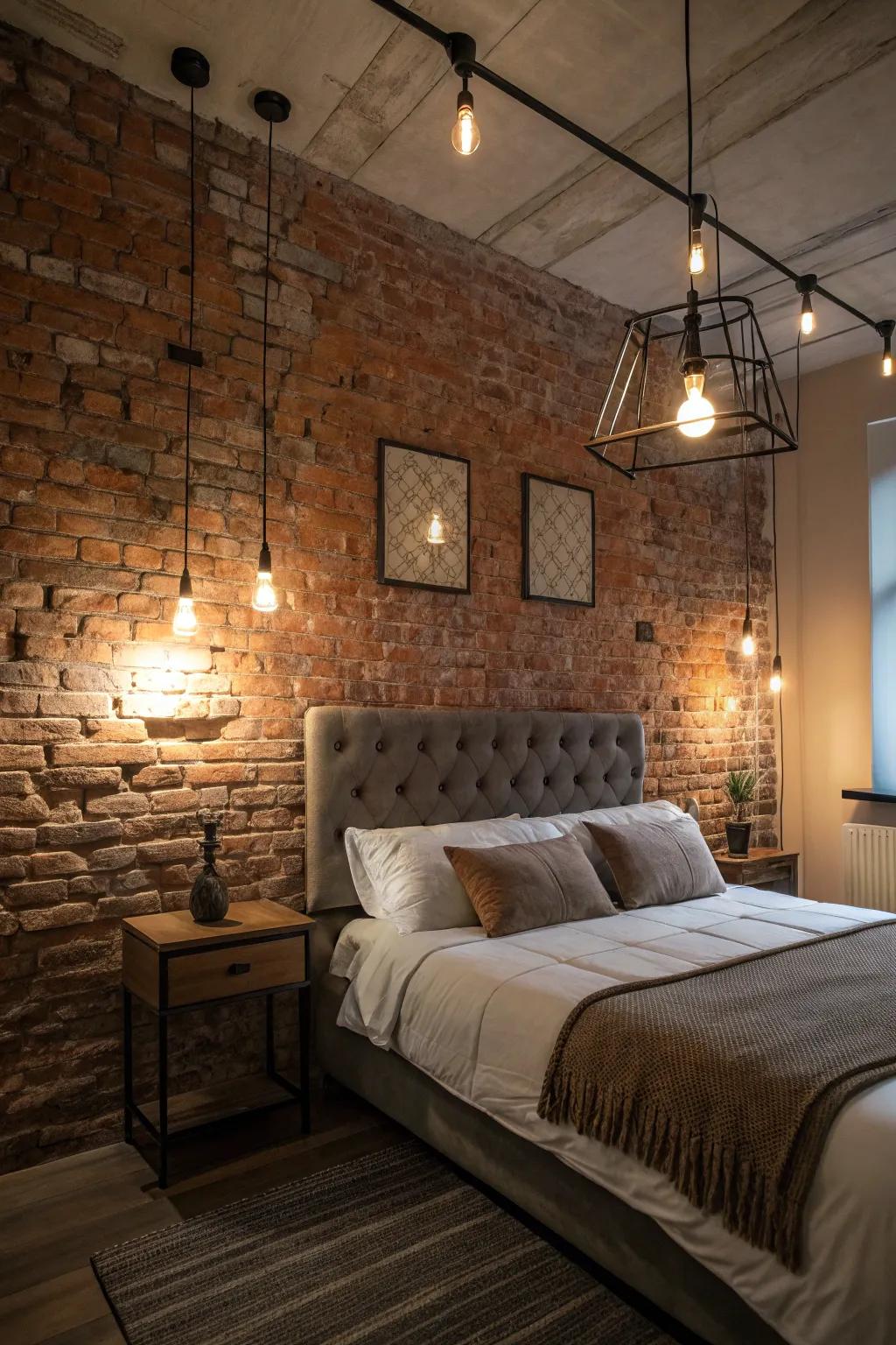 Warm and inviting lighting that enhances the rustic charm of the brick wall.