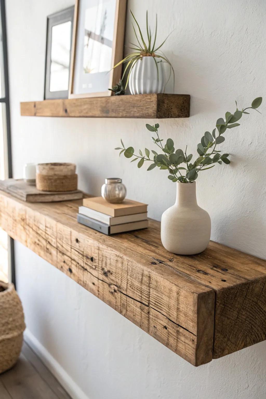Embrace rustic elegance with reclaimed wood floating shelves: perfect for adding natural charm to any space.
