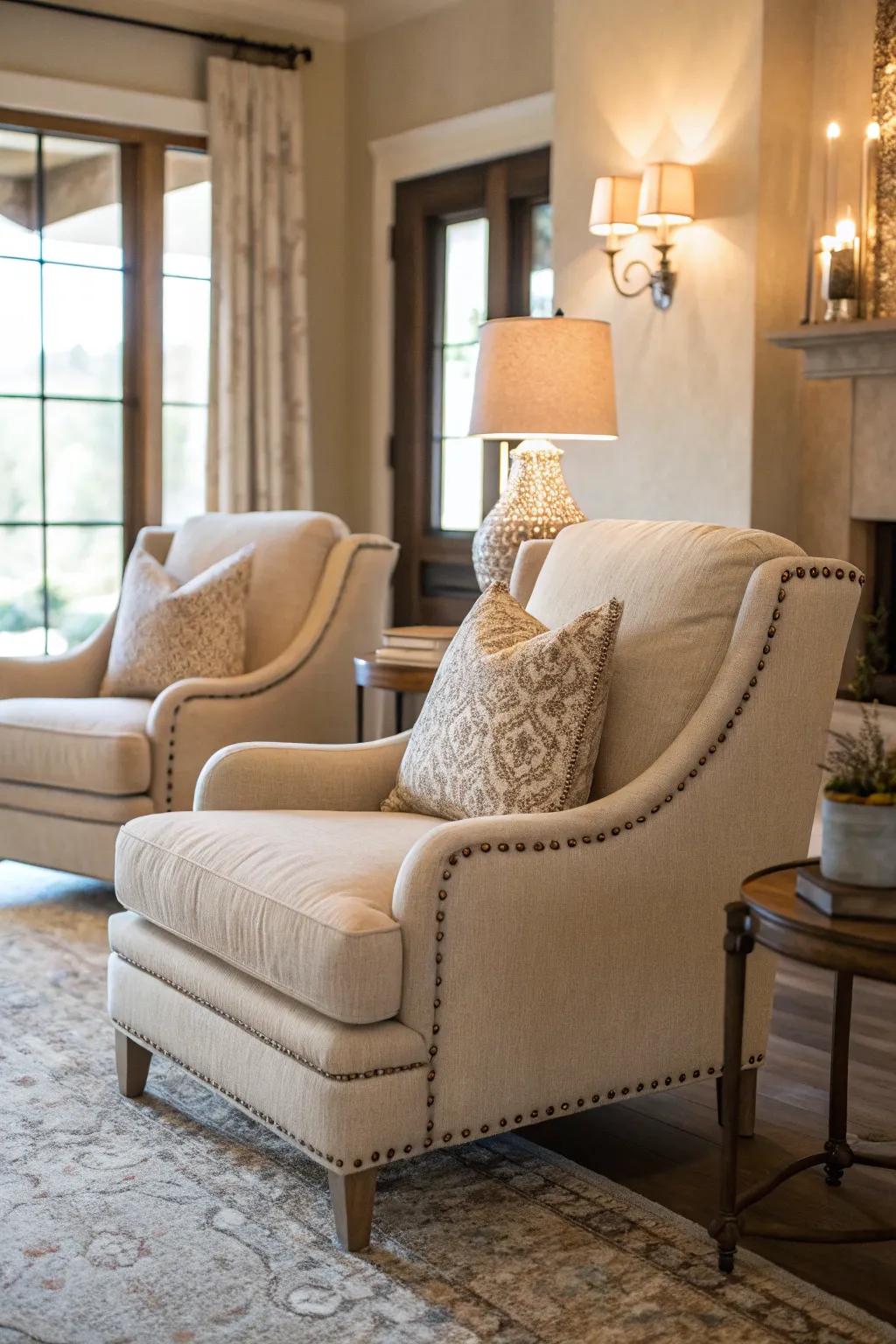 Plush seating in neutral tones for a cozy yet elegant living space.