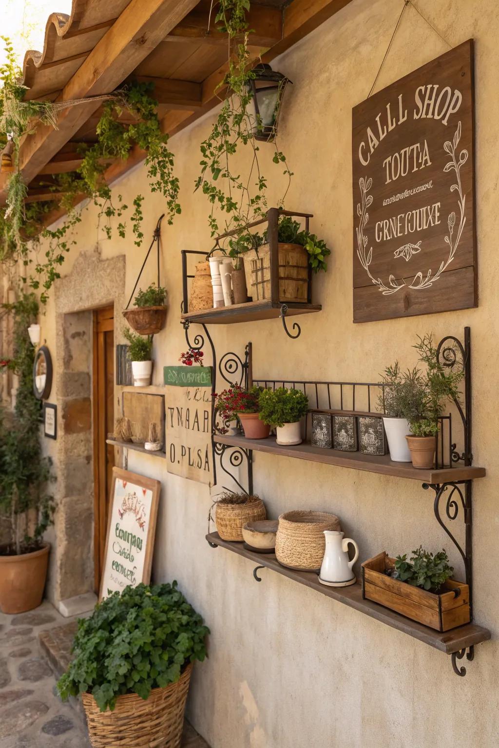A rustic shop wall displaying a soothing earthy color palette.