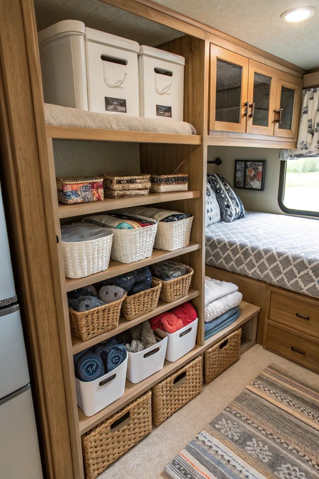 Baskets and bins keep small items tidy and accessible.