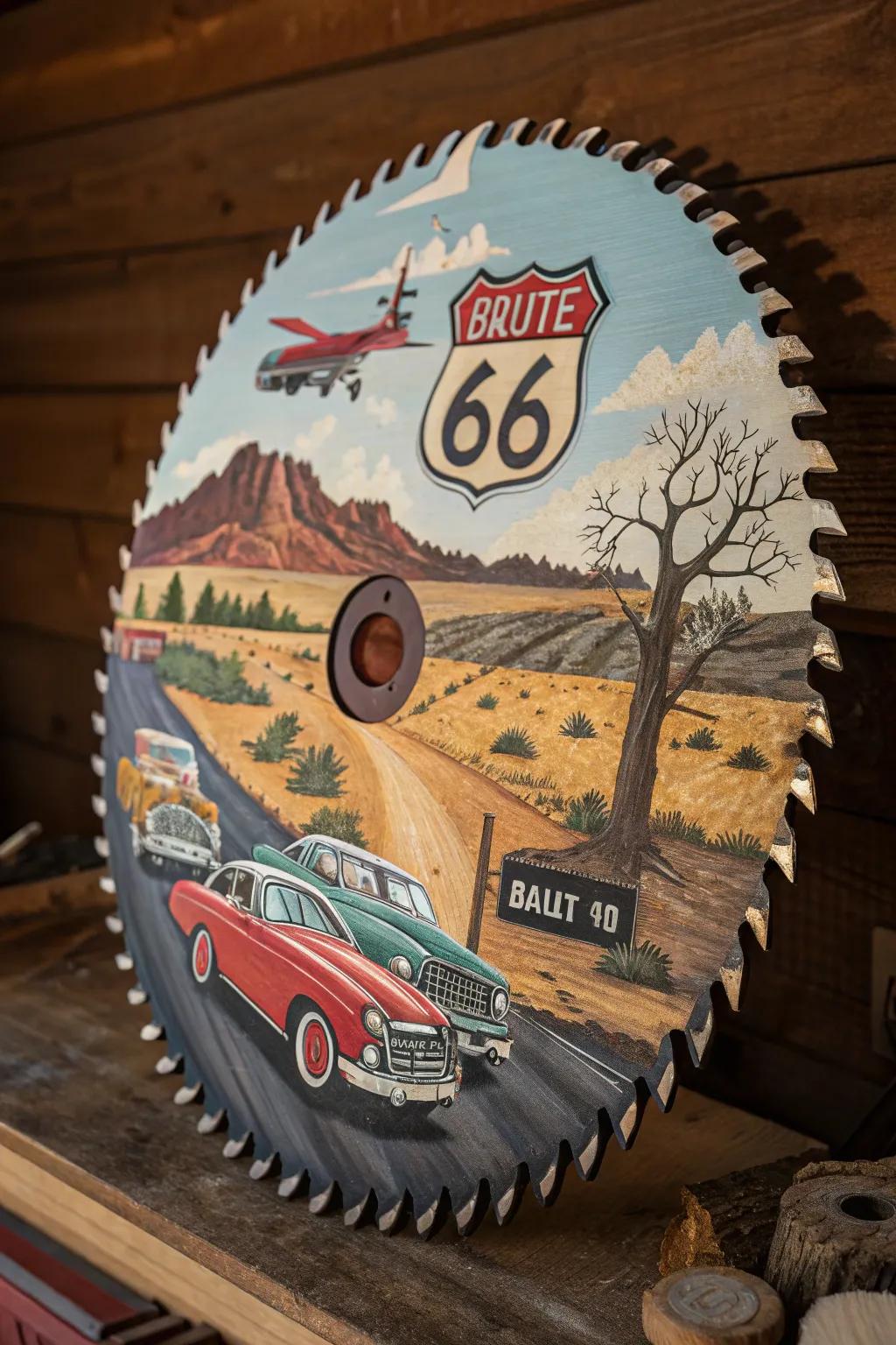 Embark on a timeless journey with this Route 66 saw blade masterpiece.