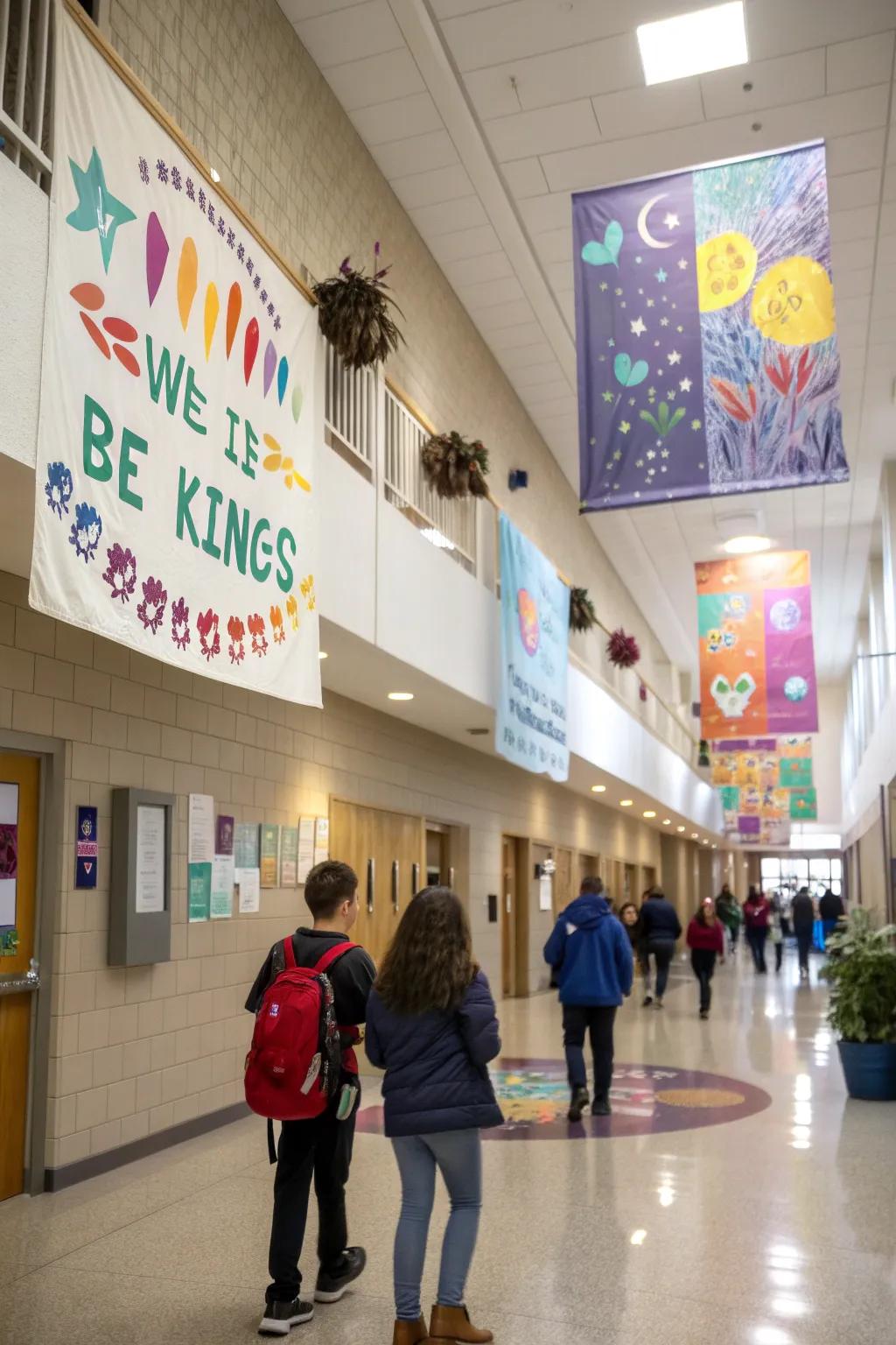 Motivational banners in a school lobby promoting positive values.