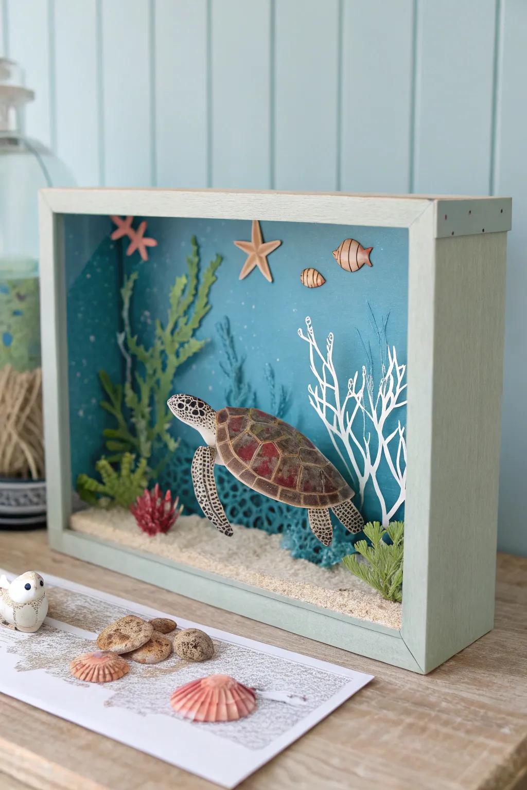 Dive into creativity with a handcrafted sea turtle habitat diorama, where simplicity meets the beauty of the ocean.