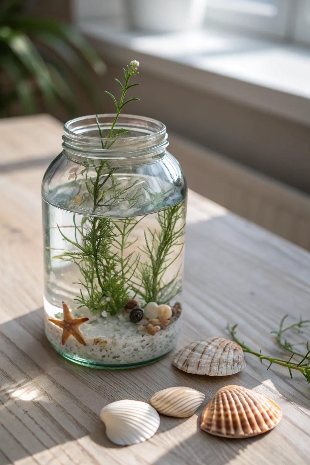 Dive into tranquility with this mini aquarium jar, a perfect blend of simplicity and elegance.