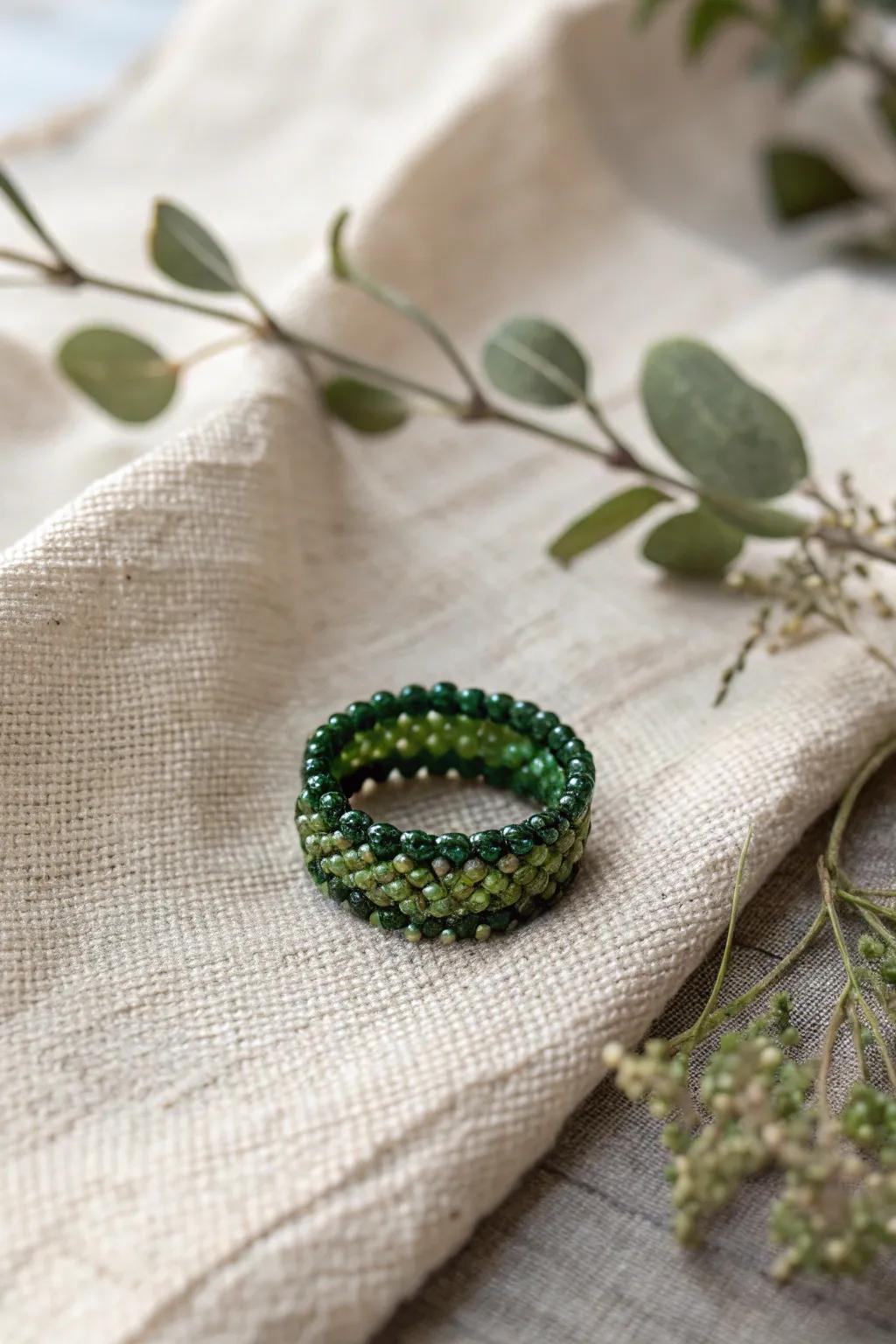 Embrace serenity with this nature-inspired green seed bead ring, a perfect blend of Scandinavian minimalism and Boho charm.