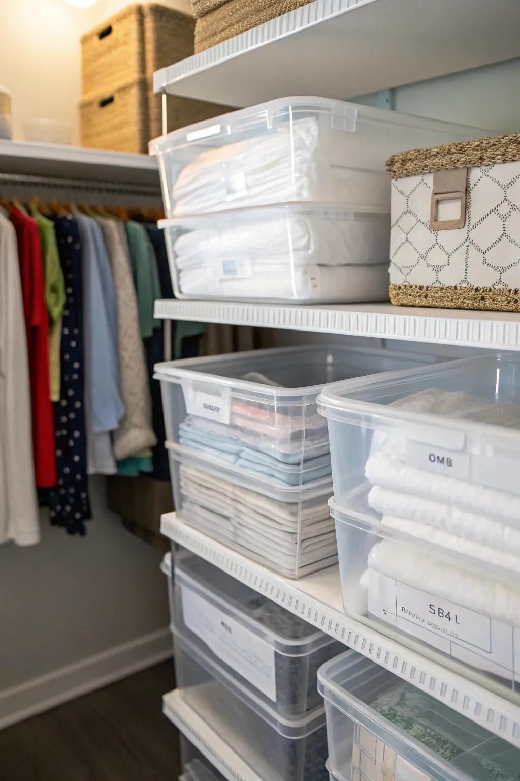 Transparent containers offer visibility and order for your sheet storage.