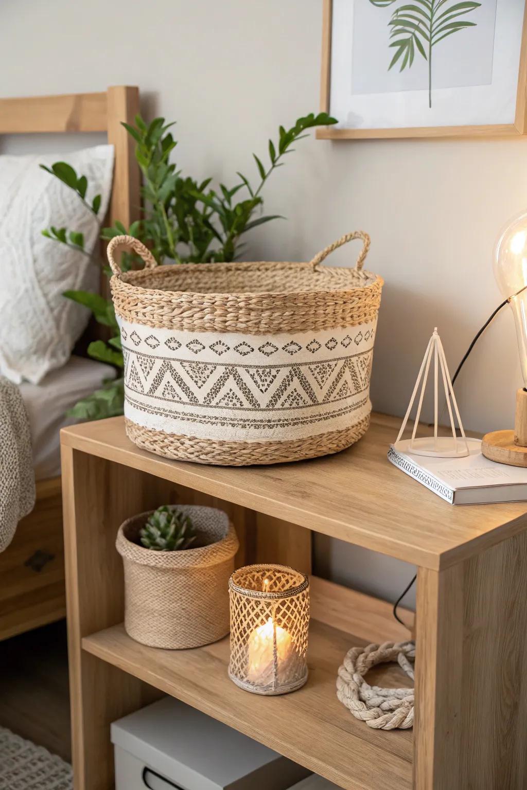 Elevate your nightstand game with a touch of boho simplicity—declutter and delight with elegant wicker baskets.
